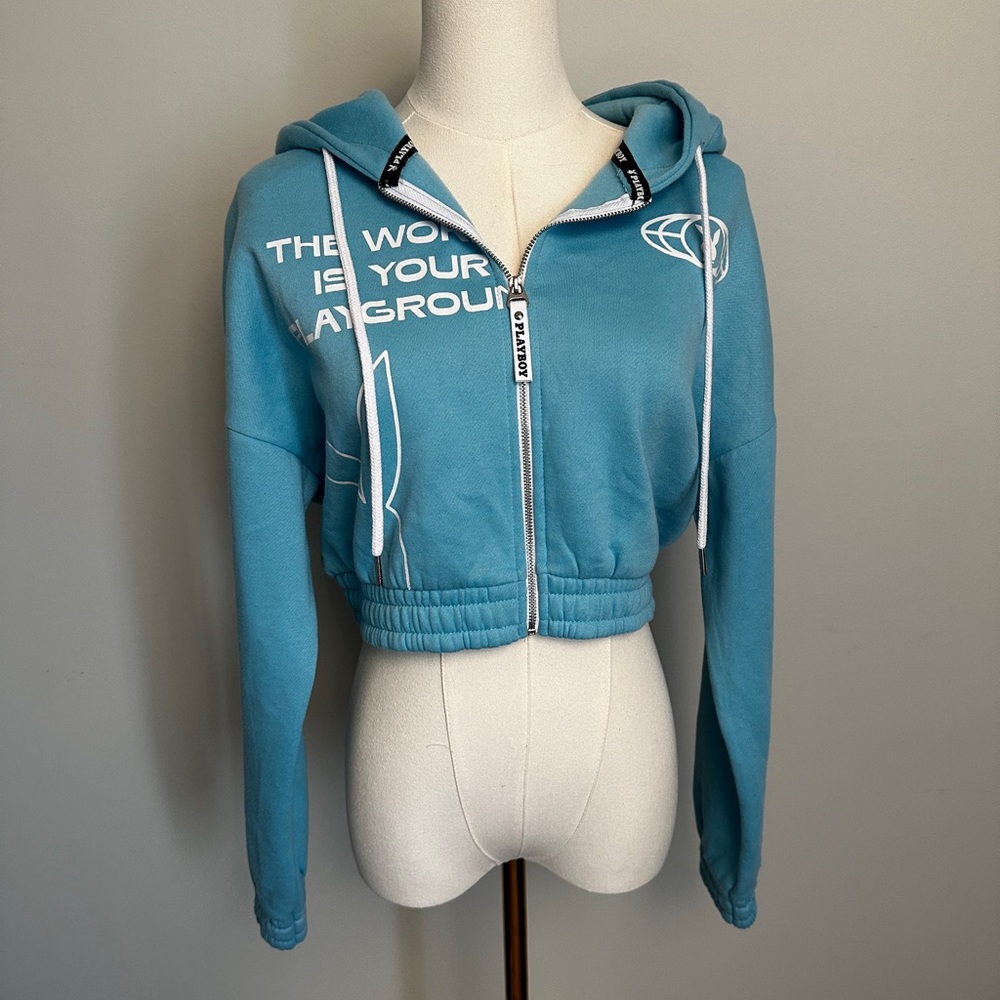 PLAYBOY Blue Cropped Zip-Up Hoodie Jacket